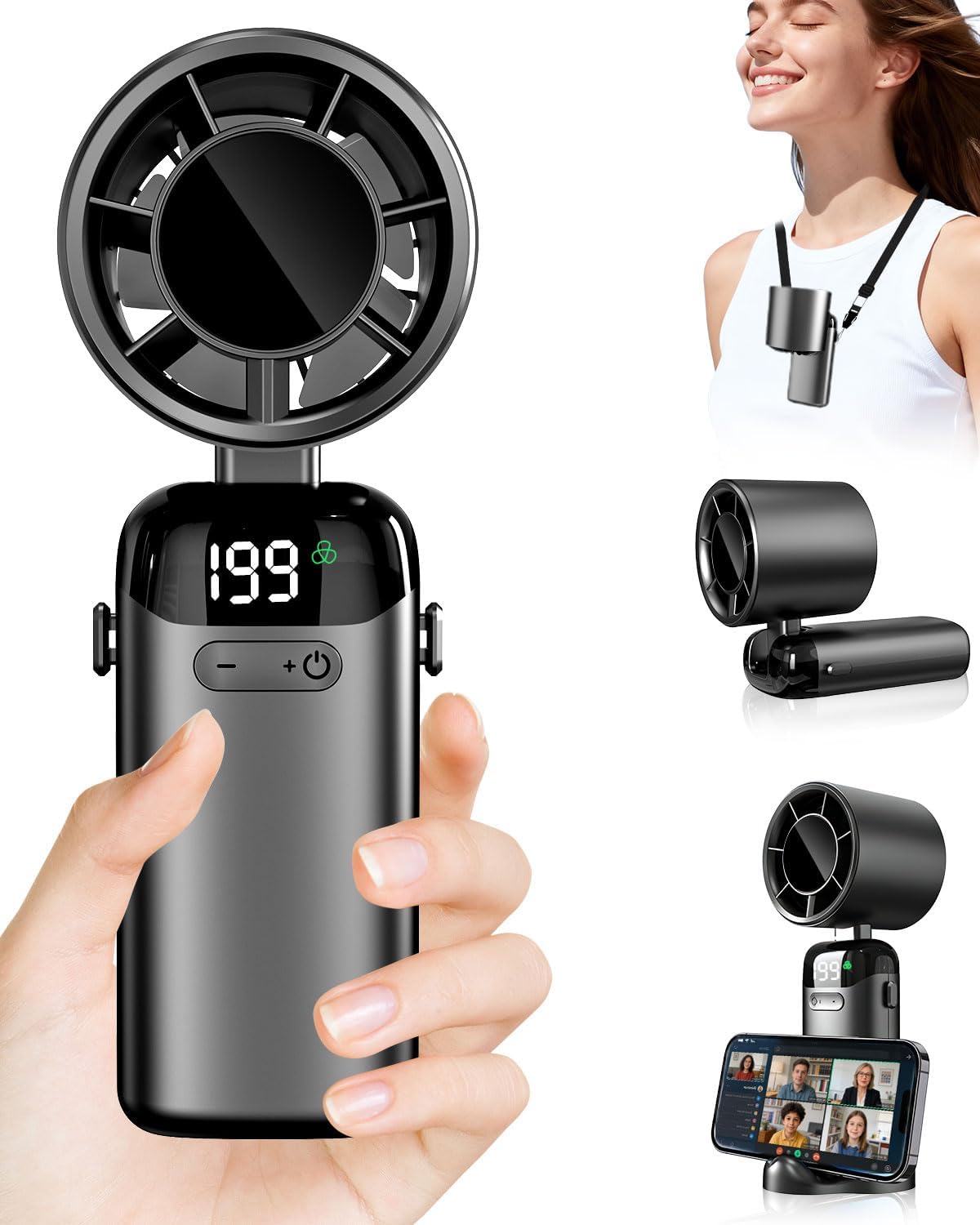 Kouric Ventilatore Portatile Turbo USB Ricaricabile, Pieghevole con Display LED e Supporto Telefono, 3500mAh Autonomia 10 Ore, Ventilazione Continua 1-199, Fresco Personalizzato per Viaggio e Ufficio