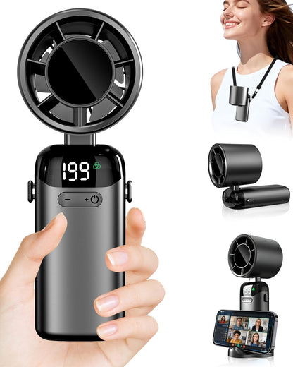 Kouric Ventilatore Portatile Turbo USB Ricaricabile, Pieghevole con Display LED e Supporto Telefono, 3500mAh Autonomia 10 Ore, Ventilazione Continua 1-199, Fresco Personalizzato per Viaggio e Ufficio