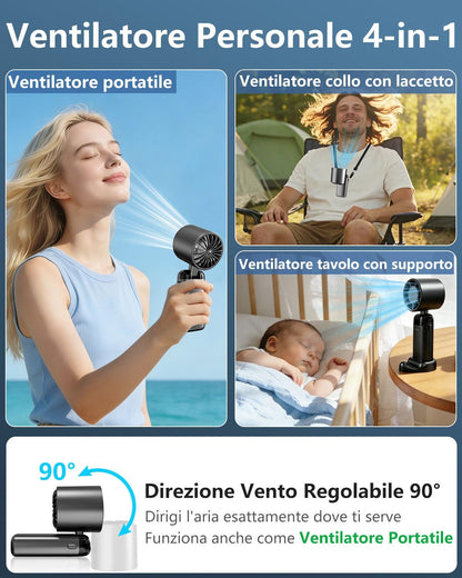 Kouric Ventilatore Portatile Turbo USB Ricaricabile, Pieghevole con Display LED e Supporto Telefono, 3500mAh Autonomia 10 Ore, Ventilazione Continua 1-199, Fresco Personalizzato per Viaggio e Ufficio