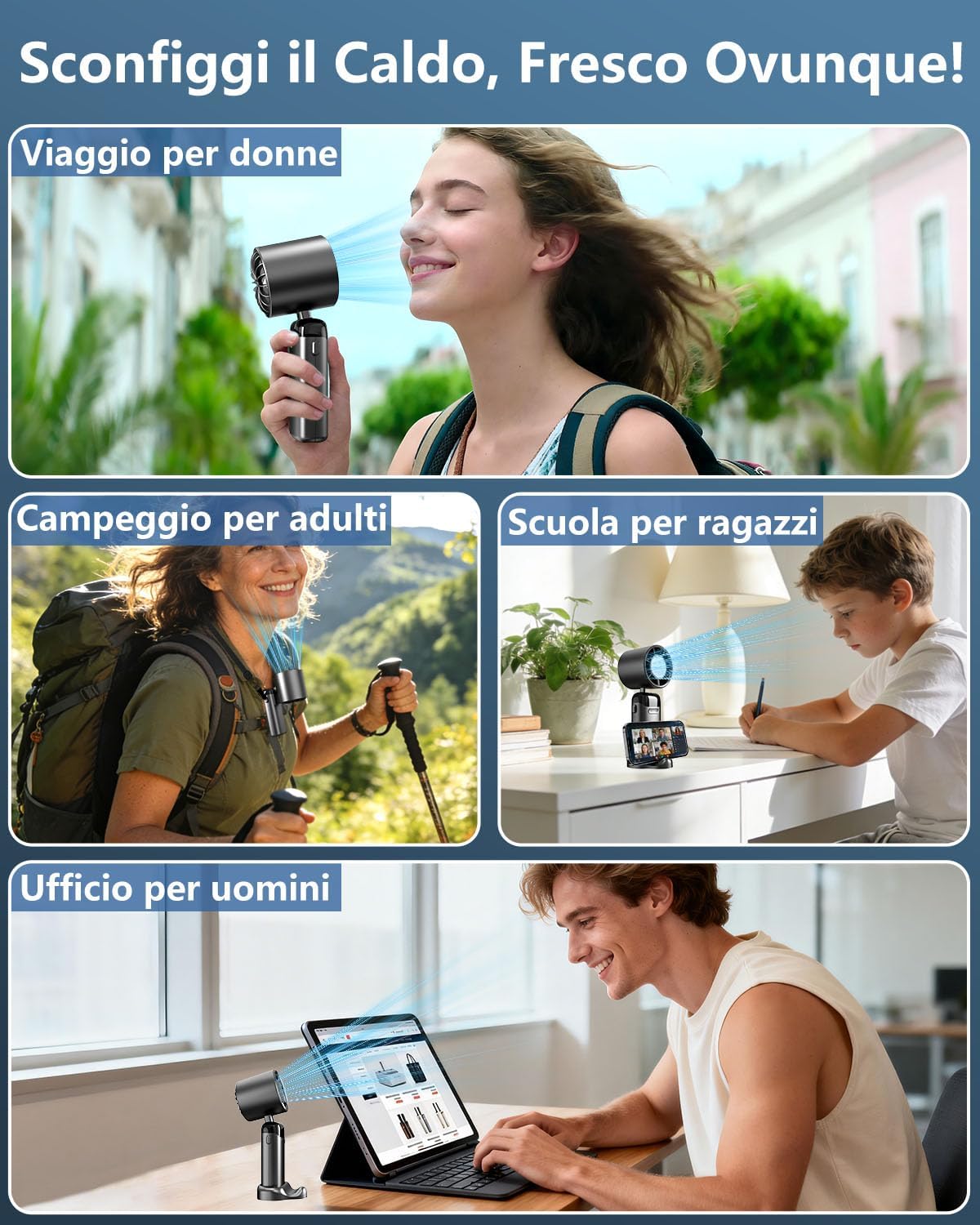 Kouric Ventilatore Portatile Turbo USB Ricaricabile, Pieghevole con Display LED e Supporto Telefono, 3500mAh Autonomia 10 Ore, Ventilazione Continua 1-199, Fresco Personalizzato per Viaggio e Ufficio